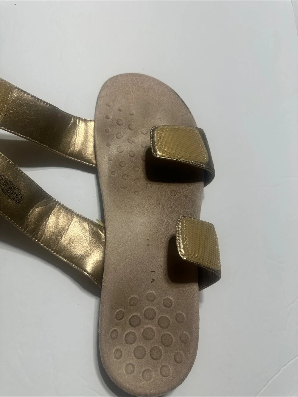 Vionic Randi Metallic Gold Double-Strap Slide Sandals with perforated details